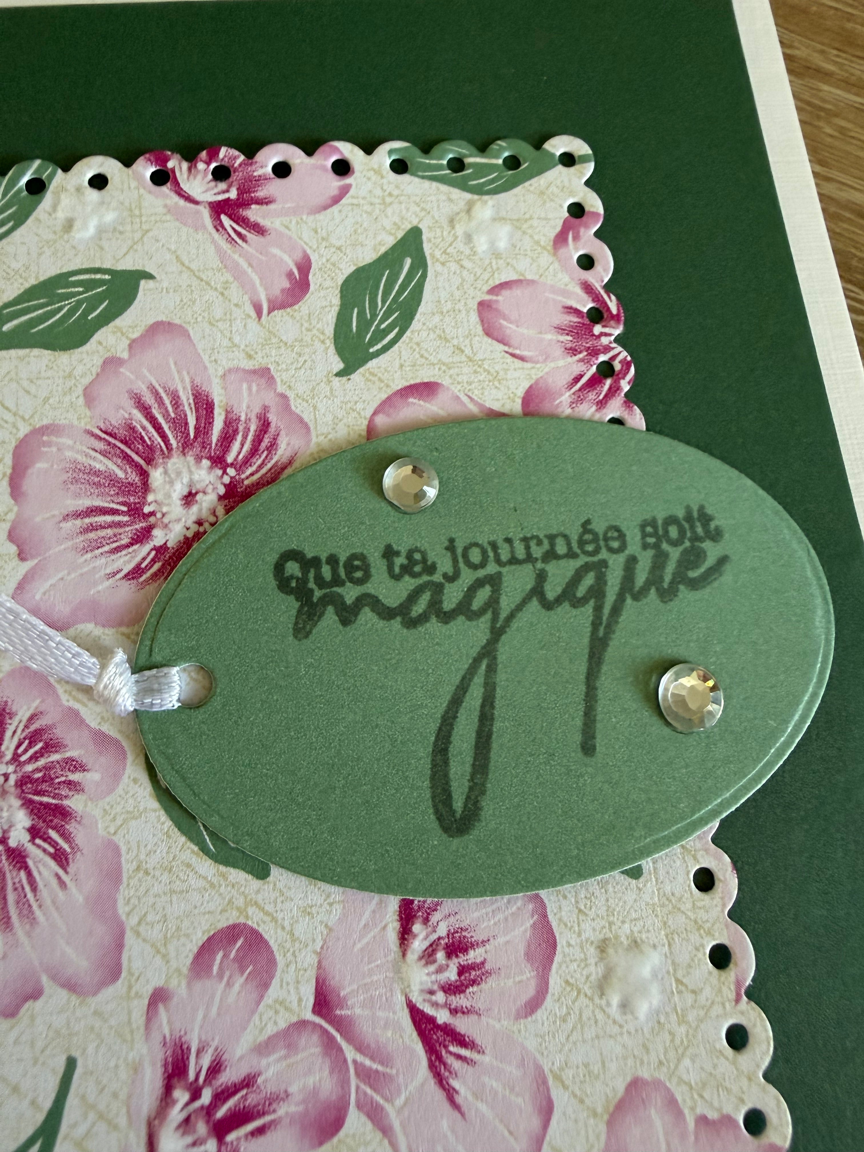 Carte fleurie rose et vert