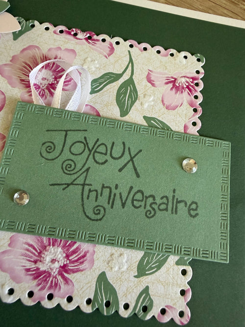 Carte anniversaire vert et fleurs