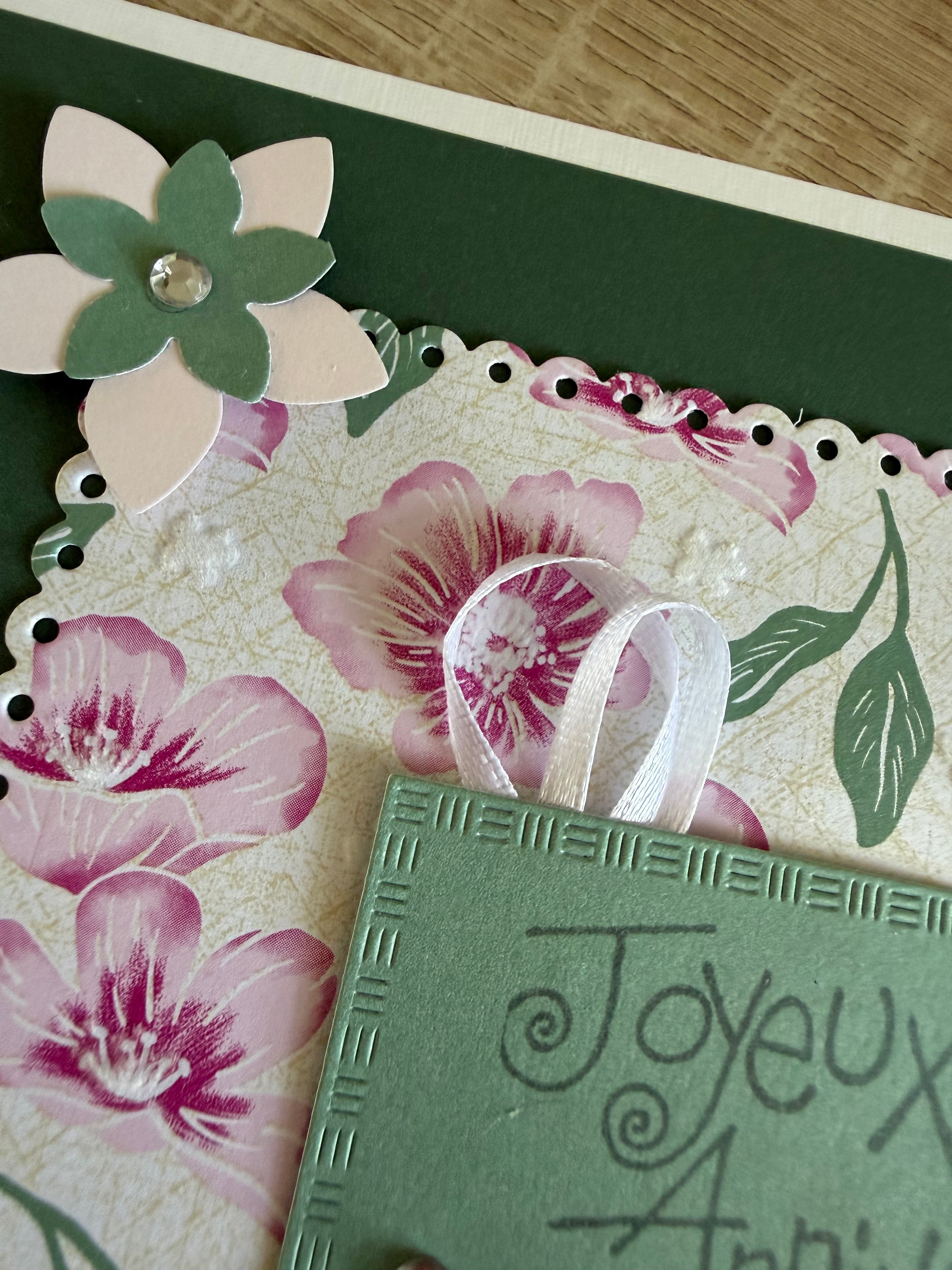 Carte anniversaire vert et fleurs