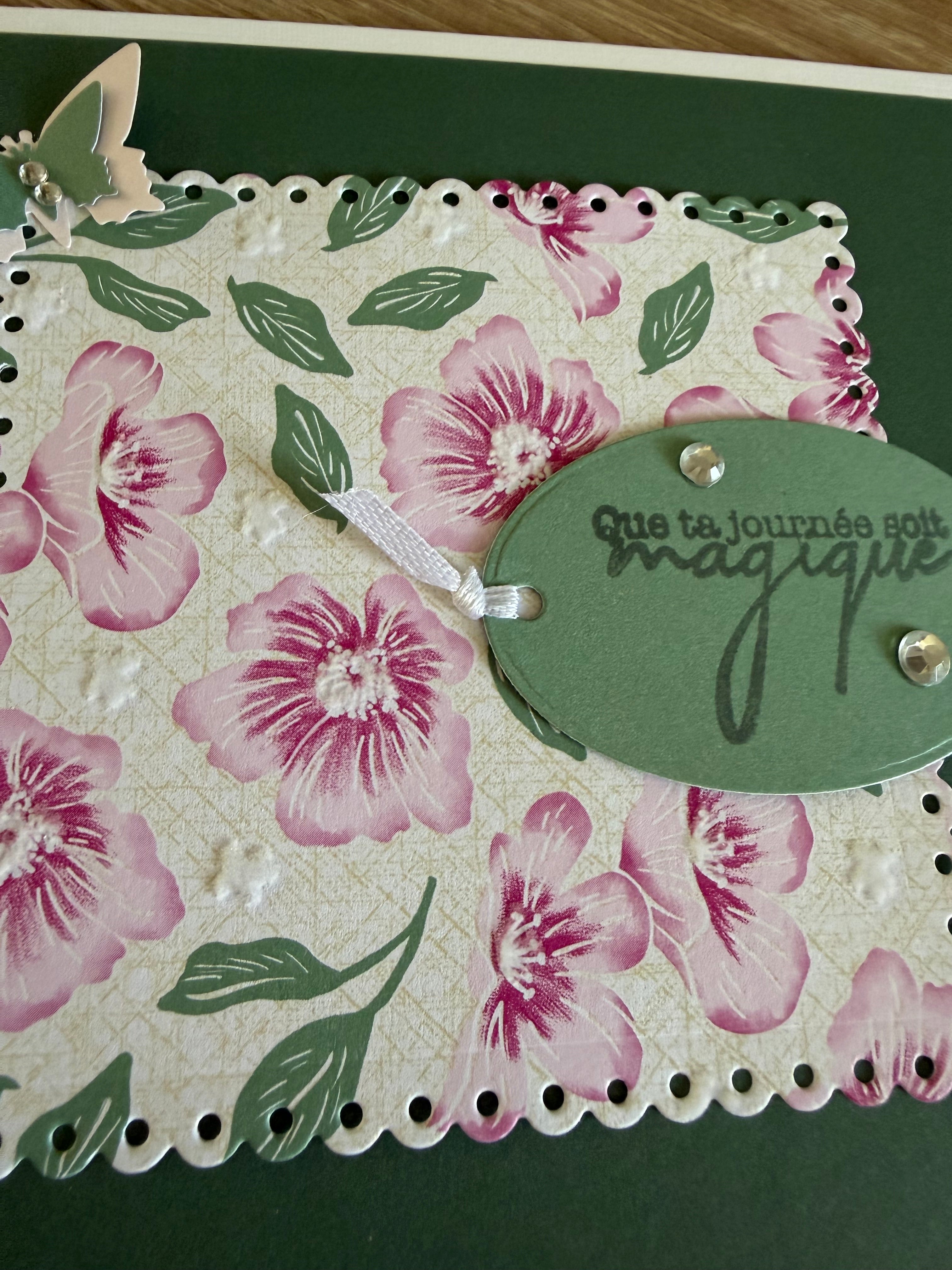 Carte fleurie rose et vert